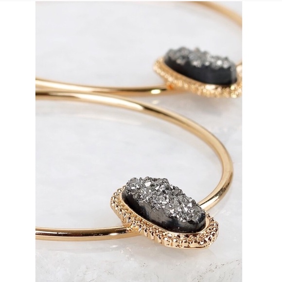 Gold Hoop Earrings with Hematite Druzy Accent. - Picture 2 of 2